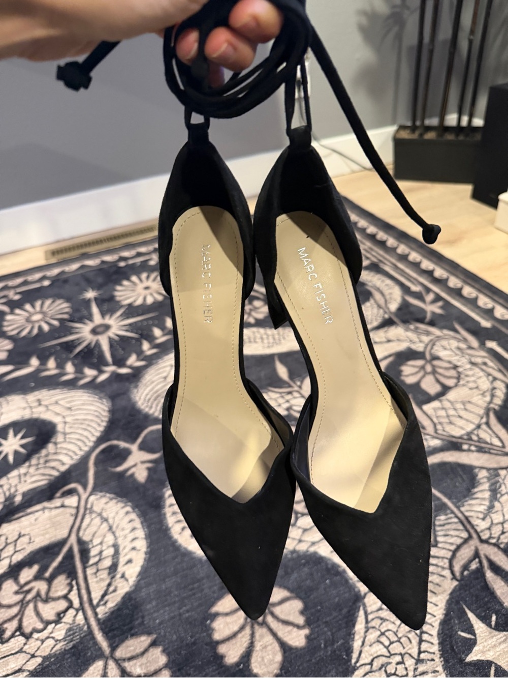 Marc Fisher Black Pointed Toe Lace-Up Suede Heels